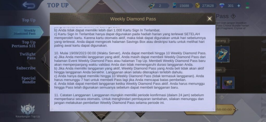 Aturan Resmi Limit Weekly Diamond Pass