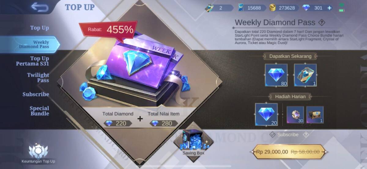 Limit Weekly Diamond Pass Mobile Legends