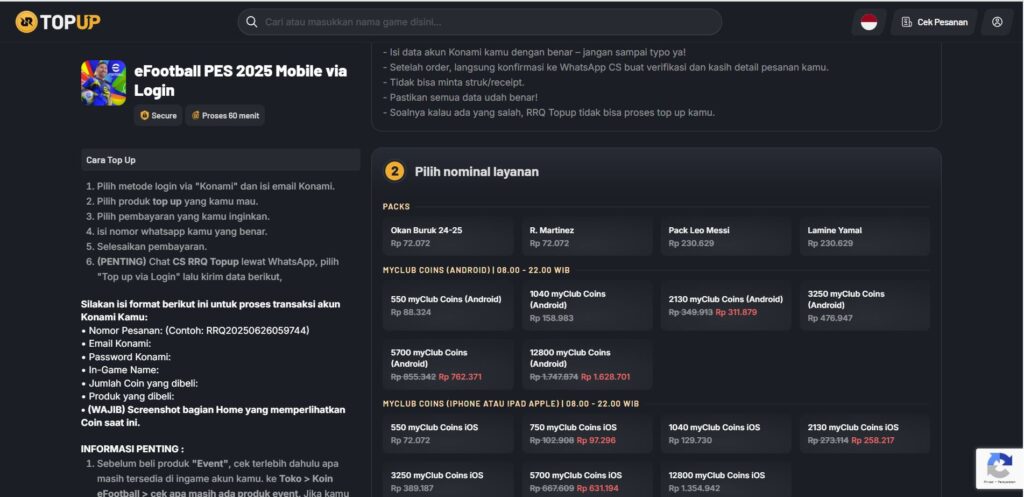 Top Up eFootball via Login di RRQ Topup